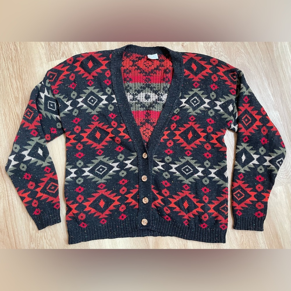 Vintage southwest cotton cardigan sweater red green black medium unisex boho